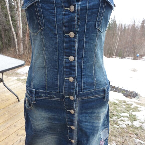 QUIRKY JOE BROWN GOTH PRAIRIE BUTTON FRONT MINI JEANS DRESS GYPSY BOHO 14 16 - Picture 6 of 8